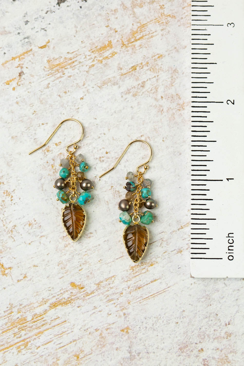 Desert Sunset Freshwater Pearl, Turquoise, Labradorite With Whiskey Quartz Dangle Earrings