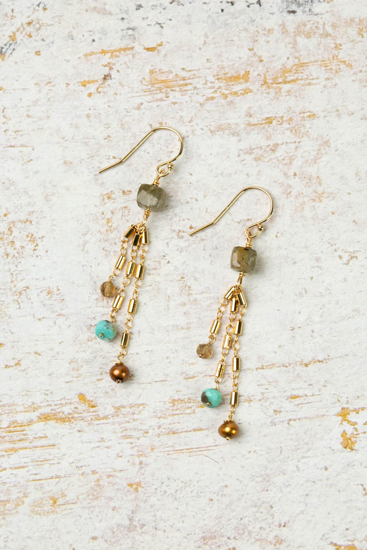 Desert Sunset Turquoise, Freshwater Pearl, Smokey Quartz With Labradorite Dangle Earrings
