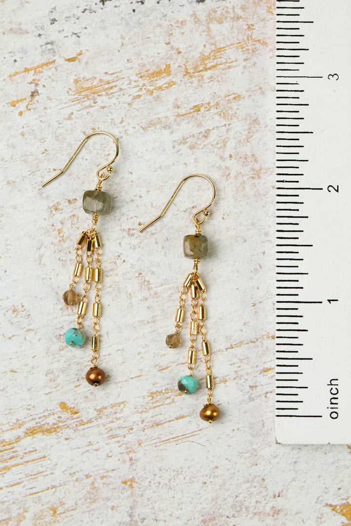 Desert Sunset Turquoise, Freshwater Pearl, Smokey Quartz With Labradorite Dangle Earrings
