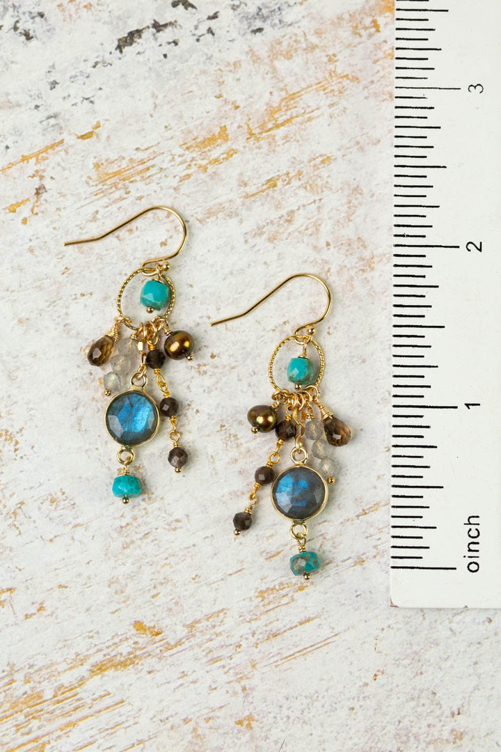 Desert Sunset Turquoise, Freshwater Pearl, Whiskey Quartz With Labradorite Dangle Earrings