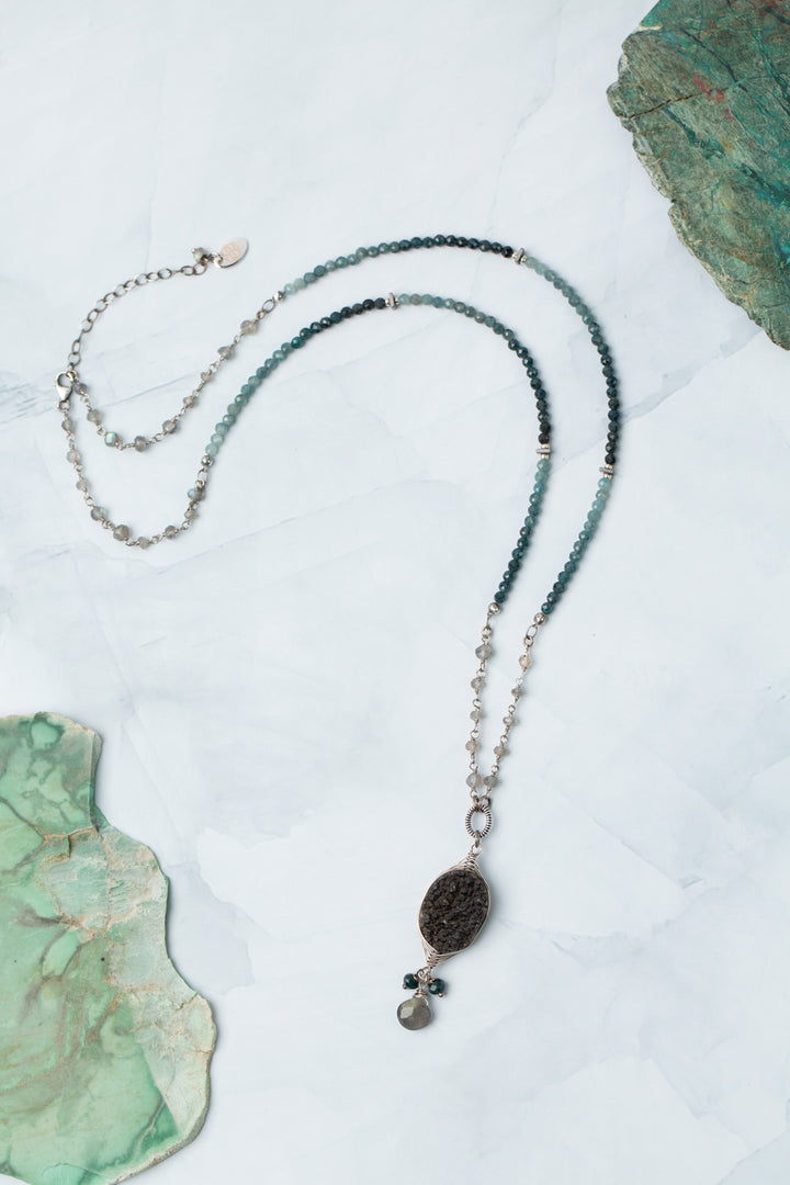 Eclipse 24.5-26.5" Black Druzy Quartz With Labradorite Briolette And Faceted Tourmaline Dangles Statement Necklace