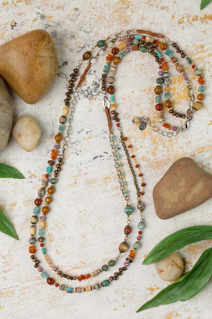 Earthen 59-61" Carnelian, Czech Glass, Turquoise Collage Necklace