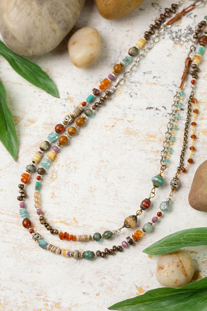 Earthen 59-61" Carnelian, Czech Glass, Turquoise Collage Necklace