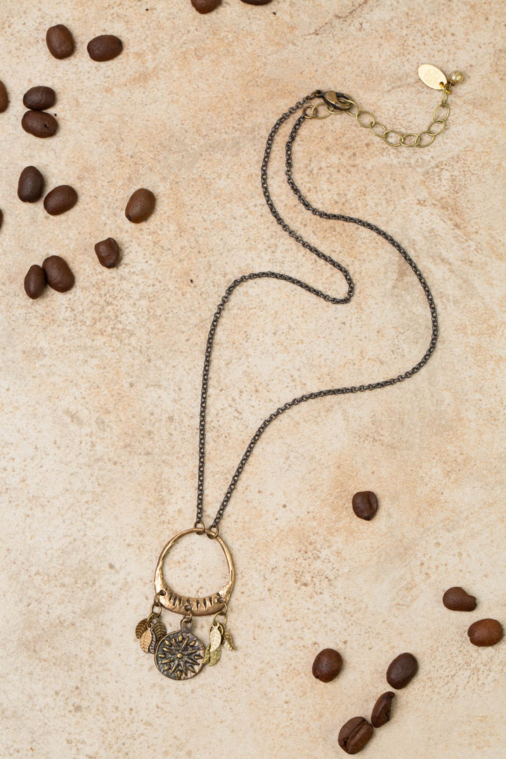 Espresso 16.5-18.5" Organic Hammered Ring With Mandala Charm And Antique Brass Leaves Cluster Necklace