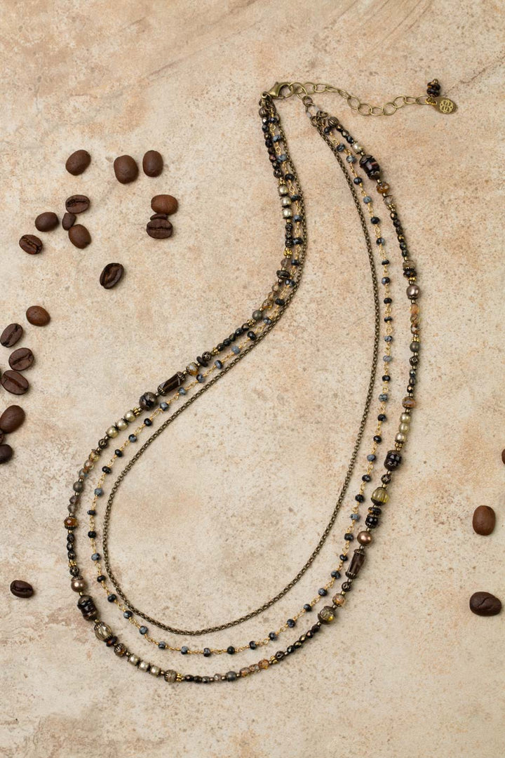 Espresso 20-22" Smokey Quartz, Czech Glass, Freshwater Pearl Multistrand Necklace