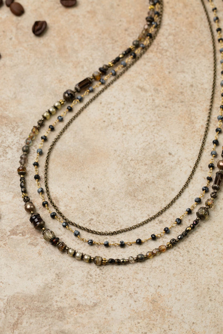 Espresso 20-22" Smokey Quartz, Czech Glass, Freshwater Pearl Multistrand Necklace