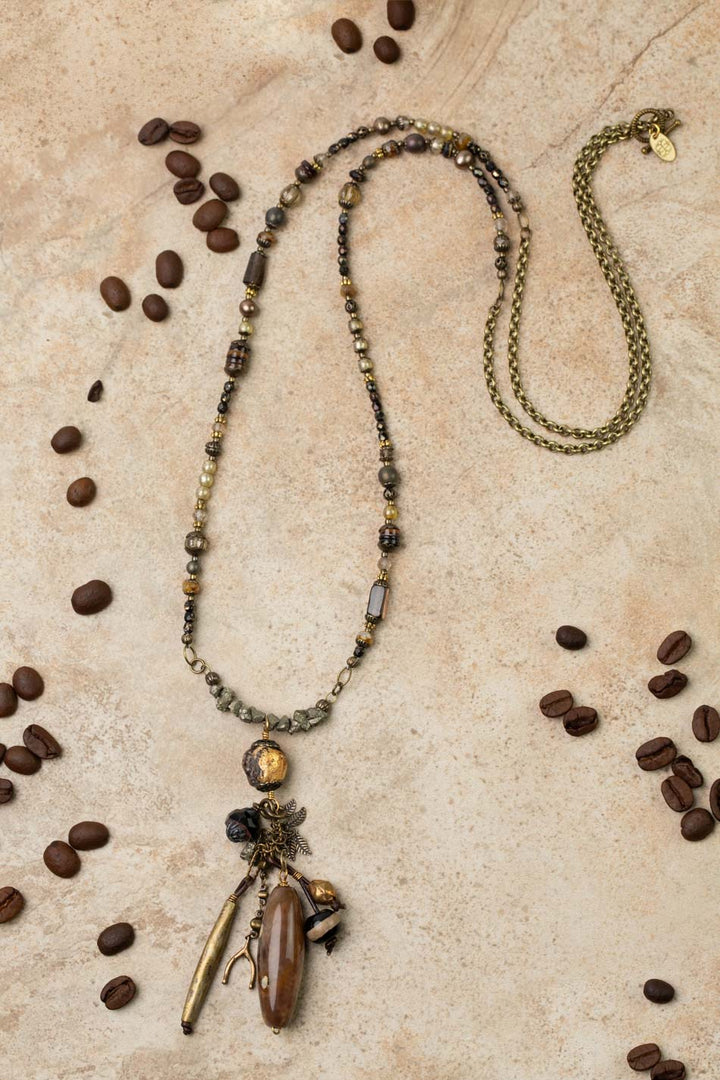 Espresso 36.75" Smokey Quartz, Czech Glass, Freshwater Pearl With Handmade African Bead, Agate, Pyrite Cluster Necklace