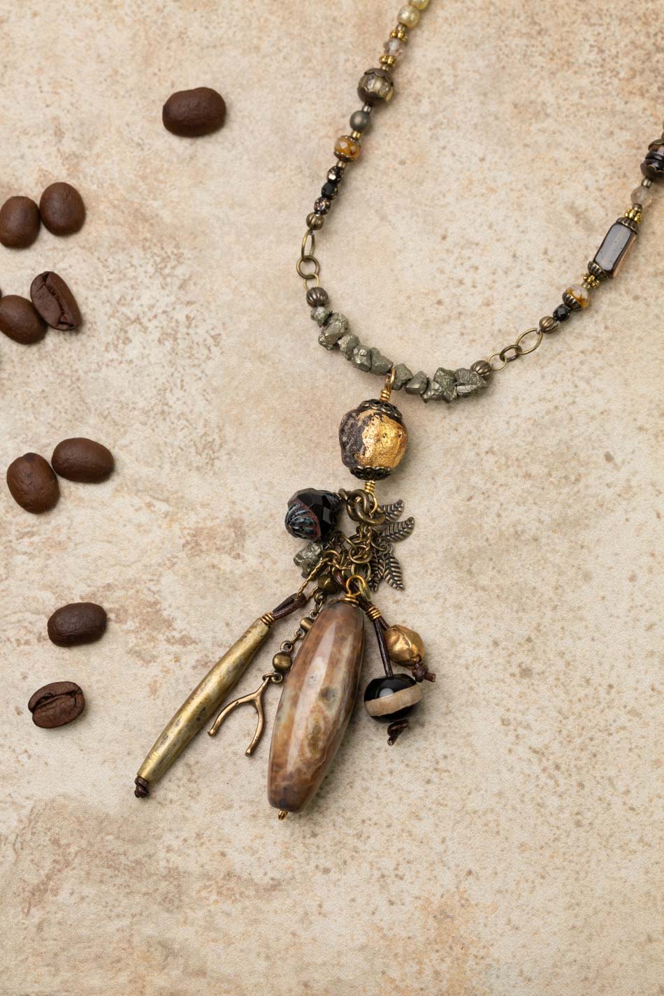 Espresso 36.75" Smokey Quartz, Czech Glass, Freshwater Pearl With Handmade African Bead, Agate, Pyrite Cluster Necklace