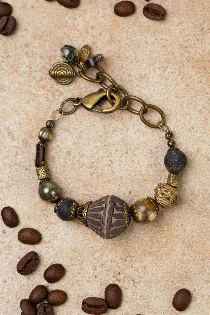 Espresso 7-8" Agate, Pyrite with African Trade Bead Statement Bracelet