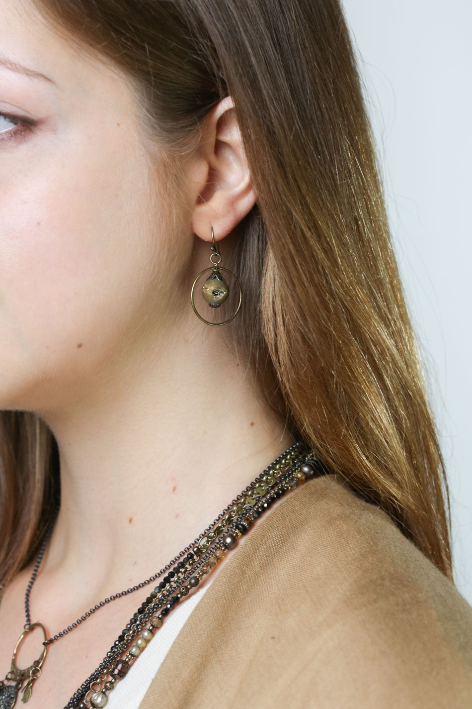 Espresso Gold Druzy Geode Hoop Earrings