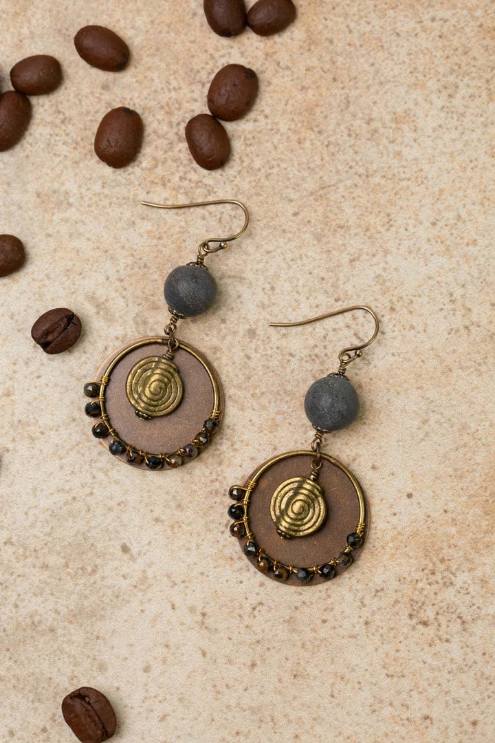 Espresso Blue Tigers Eye, Antique Brass Coin And Spiral Statement Earrings