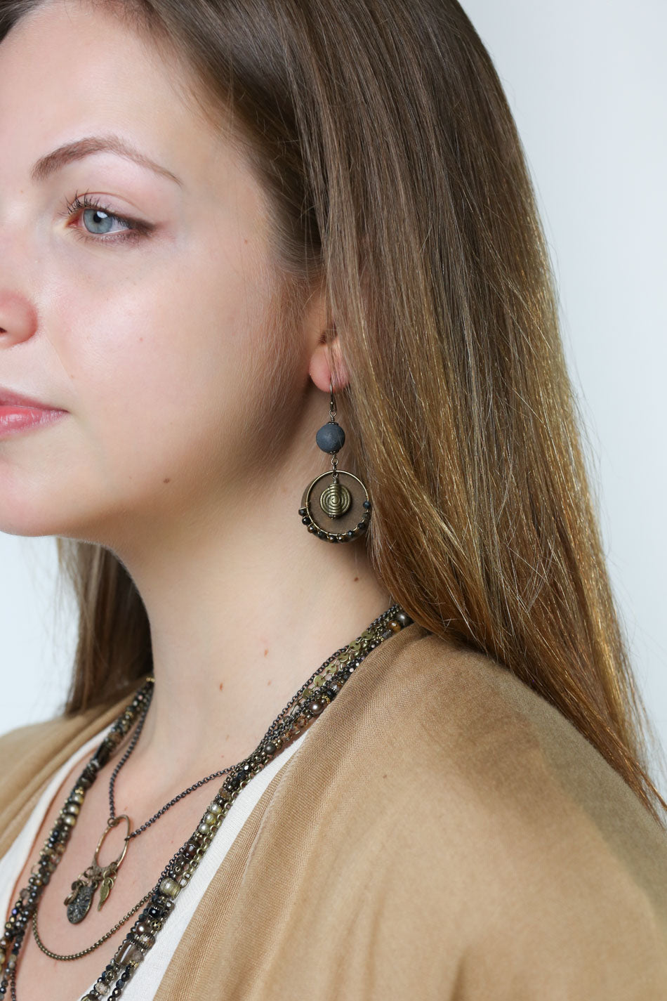 Espresso Blue Tigers Eye, Antique Brass Coin And Spiral Statement Earrings