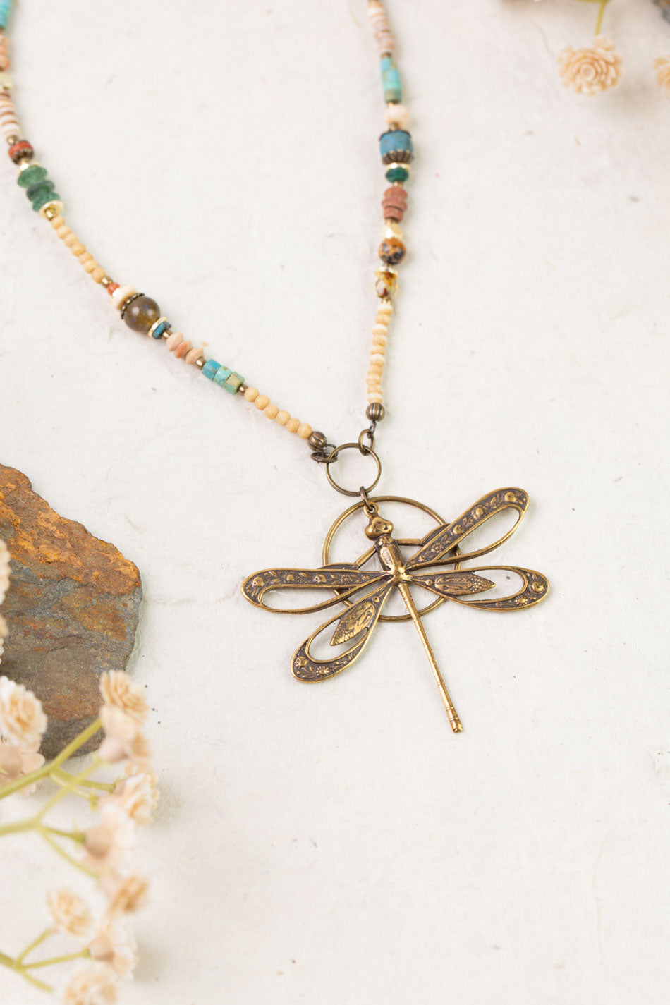 Enlighten 23.5-25.5" Czech Glass, Turquoise Chips Shell With Antique Brass Dragonfly Statement Necklace
