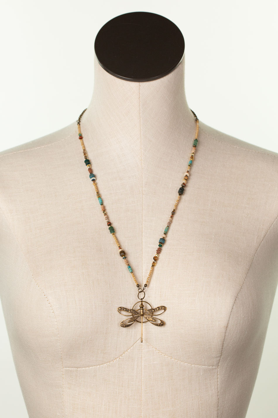 Enlighten 23.5-25.5" Czech Glass, Turquoise Chips Shell With Antique Brass Dragonfly Statement Necklace