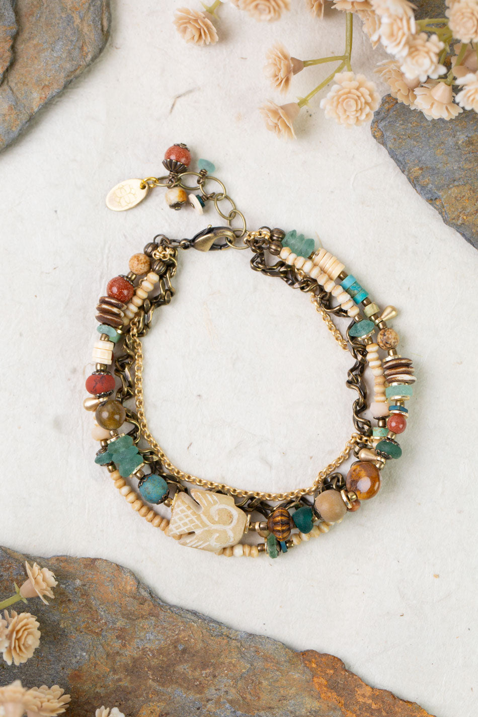 Enlighten 7.75-8.75" Czech Glass, Sea Glass, Shell Multistrand Bracelet