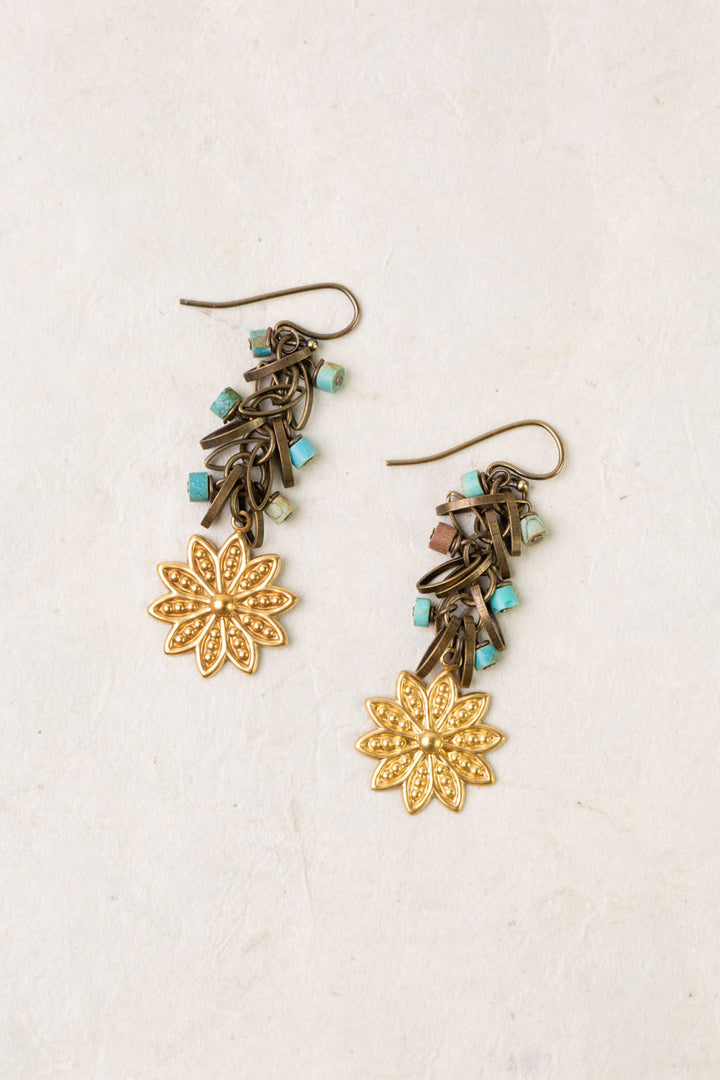 Enlighten Turquoise Chip With Brass Flower Dangle Earrings