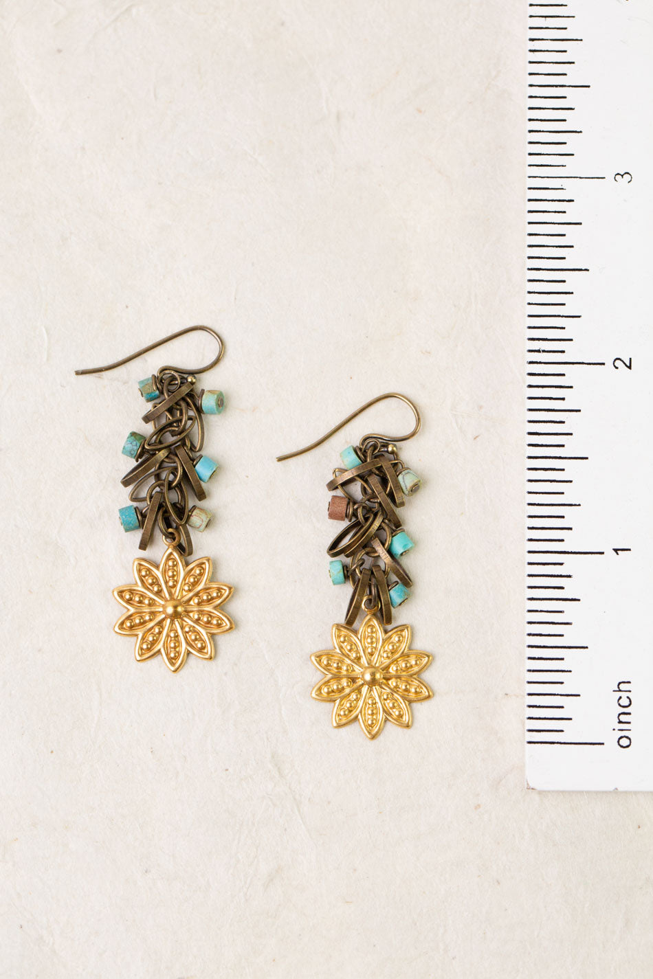 Enlighten Turquoise Chip With Brass Flower Dangle Earrings