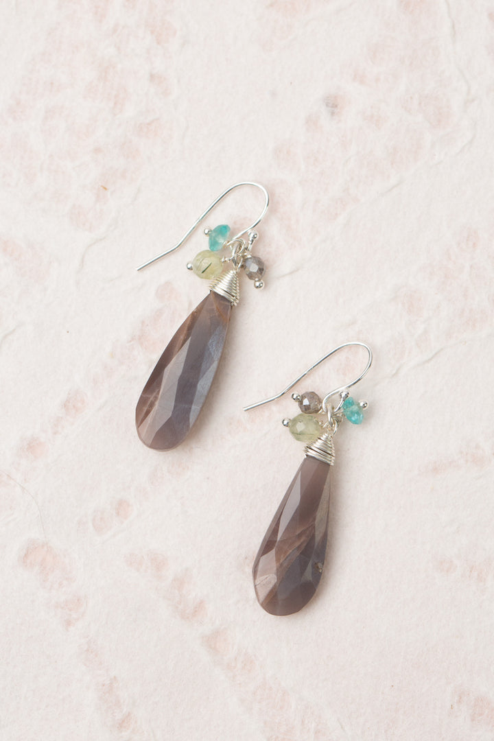 Fae Zircon, Prehnite, Labradorite With Chocolate Moonstone Dangle Earrings