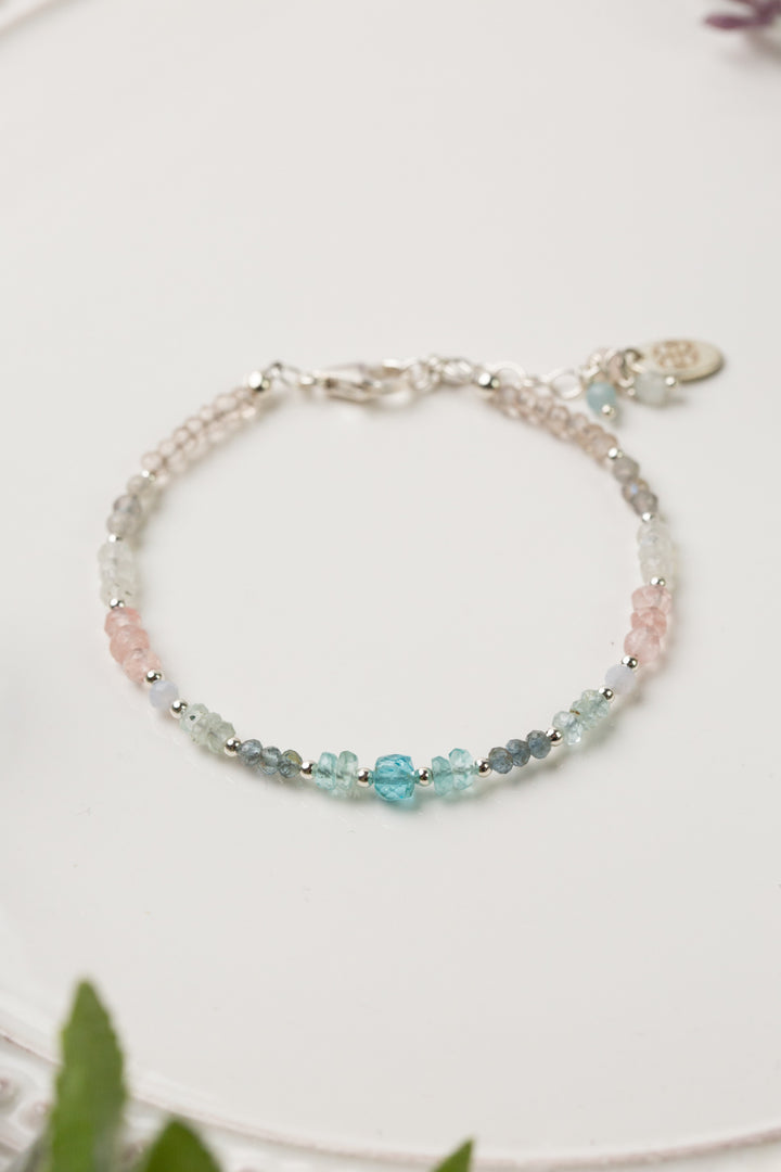 Fae 7-8" Blue Apatite, Rose Quartz, Rainbow Moonstone Collage Bracelet