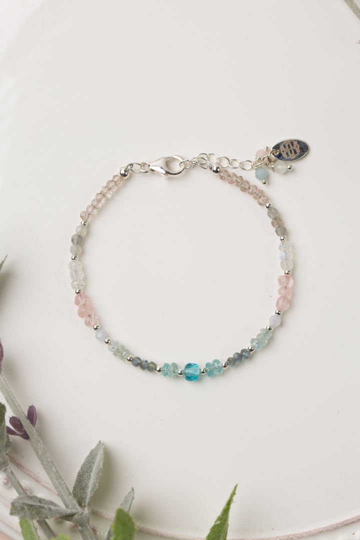 Fae 7-8" Blue Apatite, Rose Quartz, Rainbow Moonstone Collage Bracelet