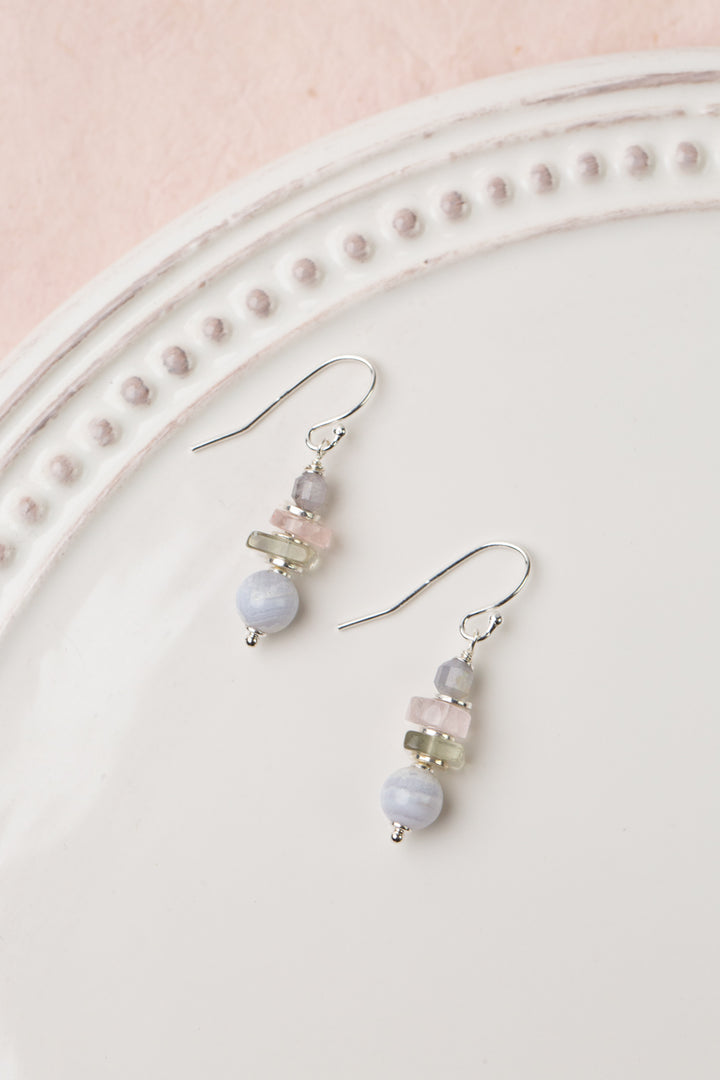 Fae Rose Quartz, Blue Apatite, Prehnite With Blue Lace Chalcedony Simple Earrings