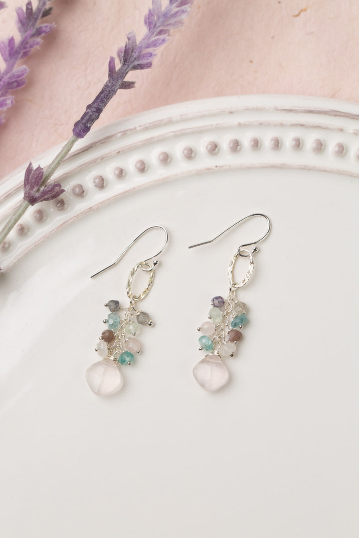 Fae Blue Apatite, Prehnite, Chocolate Moonstone With Faceted Rose Quartz Briolette Cluster Earrings