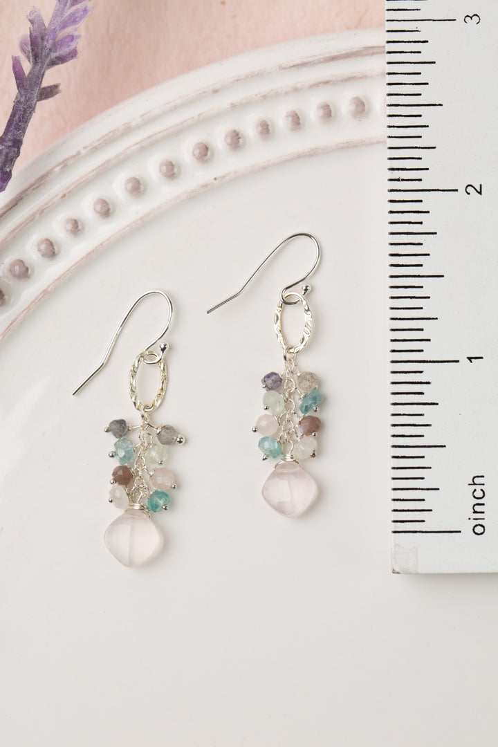 Fae Blue Apatite, Prehnite, Chocolate Moonstone With Faceted Rose Quartz Briolette Cluster Earrings