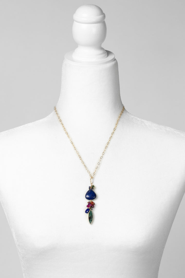 Forget Me Not 18.5-20.5" Lapis Lazuli Pendant With Cluster Of Fuchsia Jade, Red Jasper, And Emerald Cluster Necklace