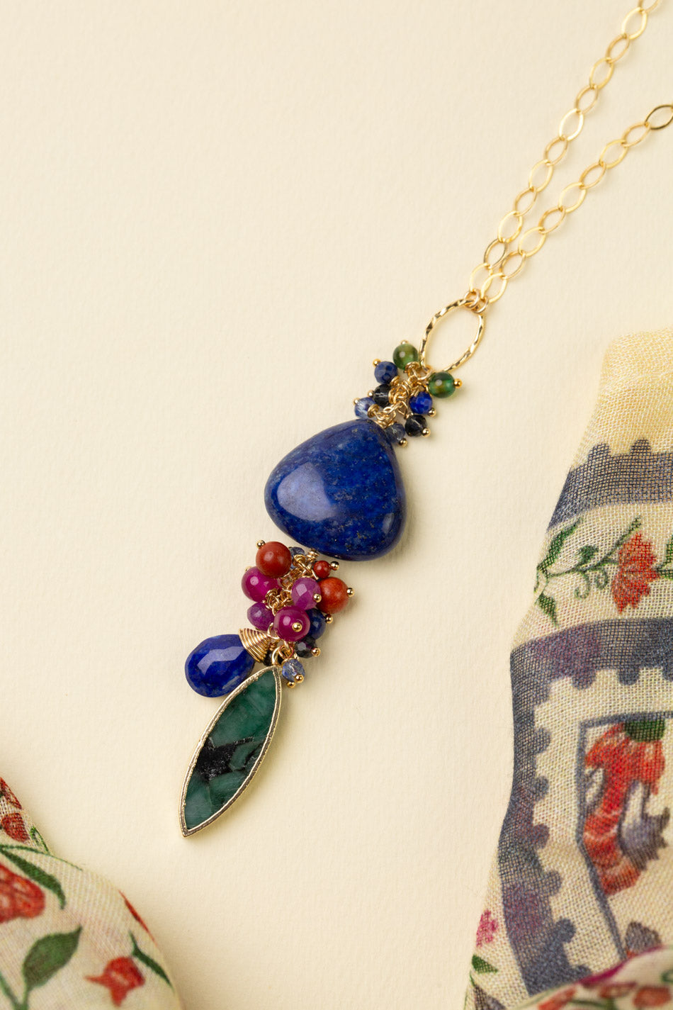 Forget Me Not 18.5-20.5" Lapis Lazuli Pendant With Cluster Of Fuchsia Jade, Red Jasper, And Emerald Cluster Necklace