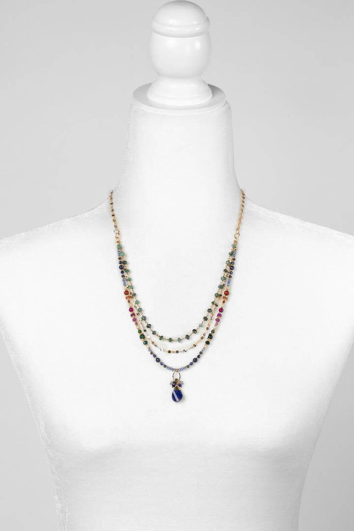 Forget Me Not 19.5-21.5" Emerald, Fuchsia Jade, Red Jasper With Twisted Lapis Lazuli Pendant Multistrand Necklace