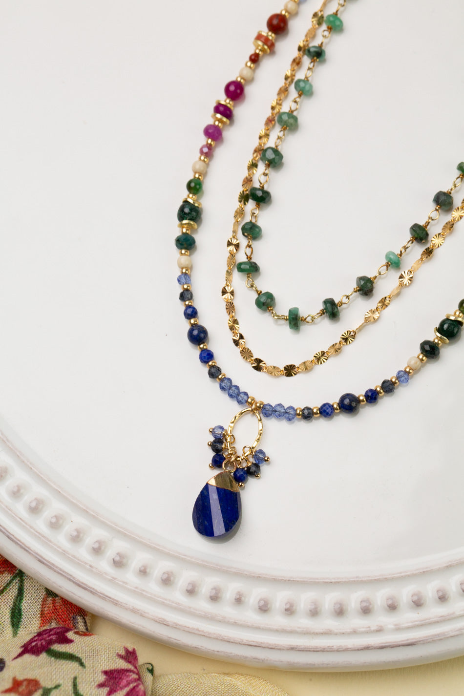 Forget Me Not 19.5-21.5" Emerald, Fuchsia Jade, Red Jasper With Twisted Lapis Lazuli Pendant Multistrand Necklace