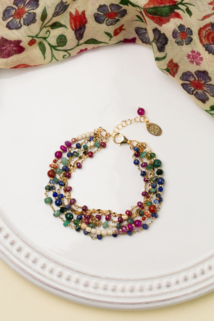 Forget Me Not 7.5-8.5" Red Jasper, Fuchsia Jade, Lapis Lazuli, Emerald, Ruby Multistrand Bracelet