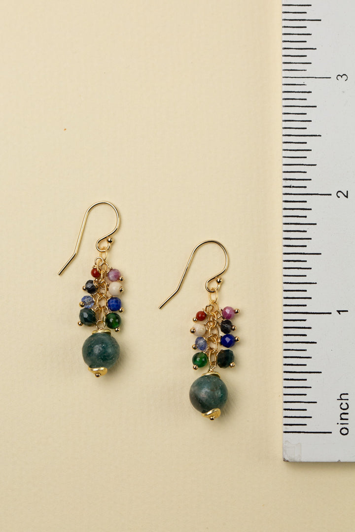 Forget Me Not Lapis Lazuli, Ruby, Red Jasper With Green Apatite Cluster Earrings