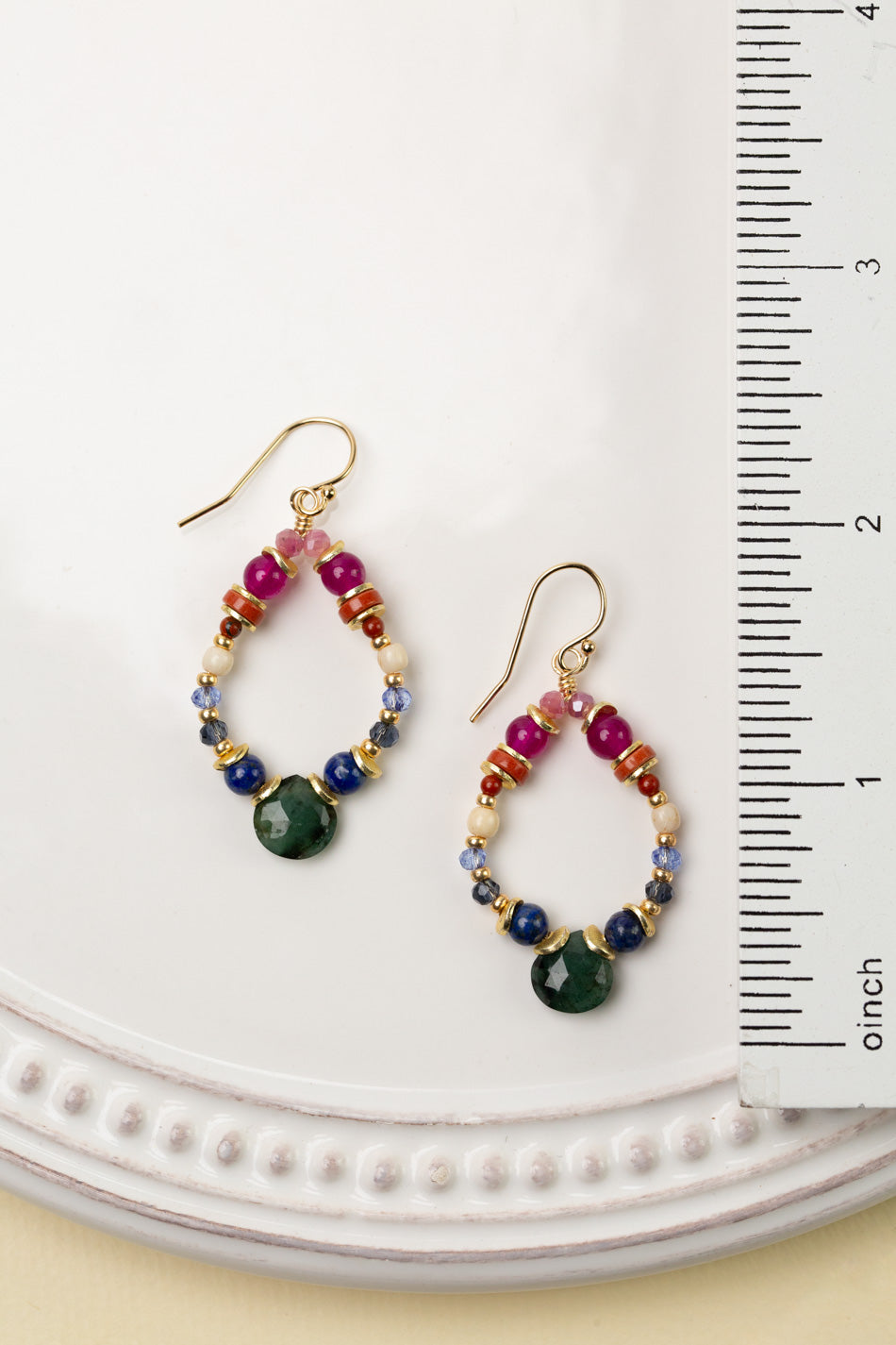 Forget Me Not Fuchsia Jade, Red Jasper, Lapis Lazuli With Faceted Emerald Briolette Hoop Earrings