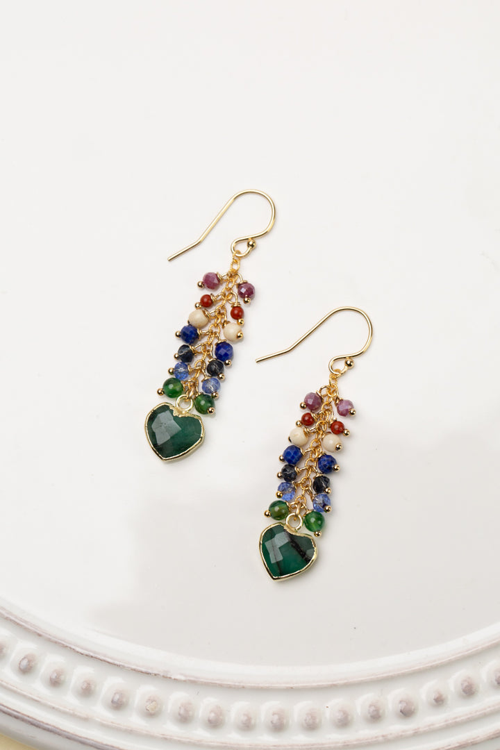 Forget Me Not Ruby, Red Jasper, Lapis Lazuli With Emerald Heart Cluster Earrings