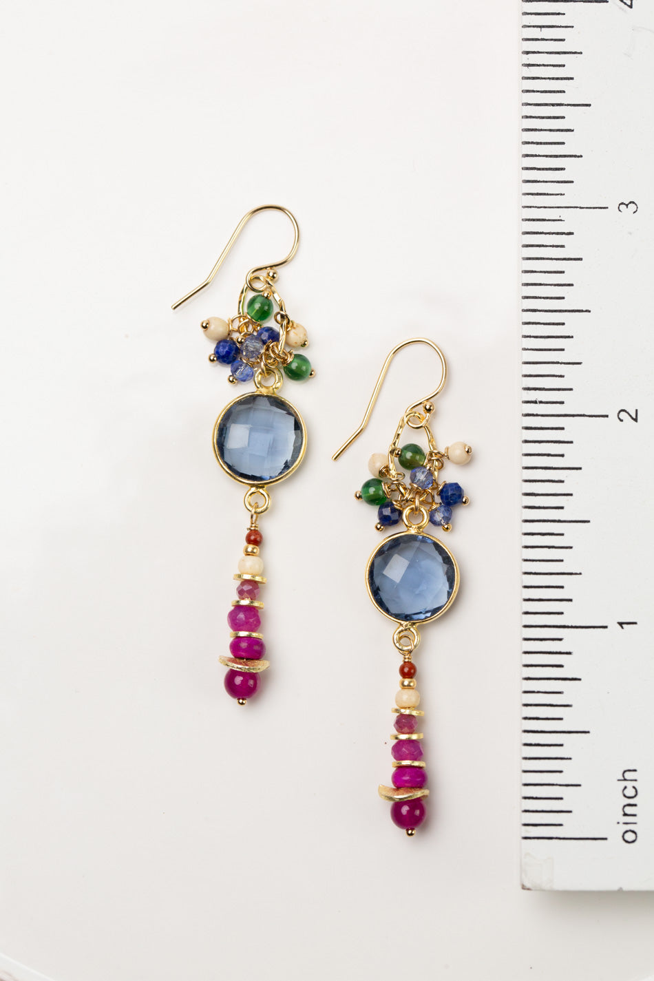 Forget Me Not Faceted Iolite With Lapis Lazuli Cluster And Fuchsia Jade Cluster Earrings