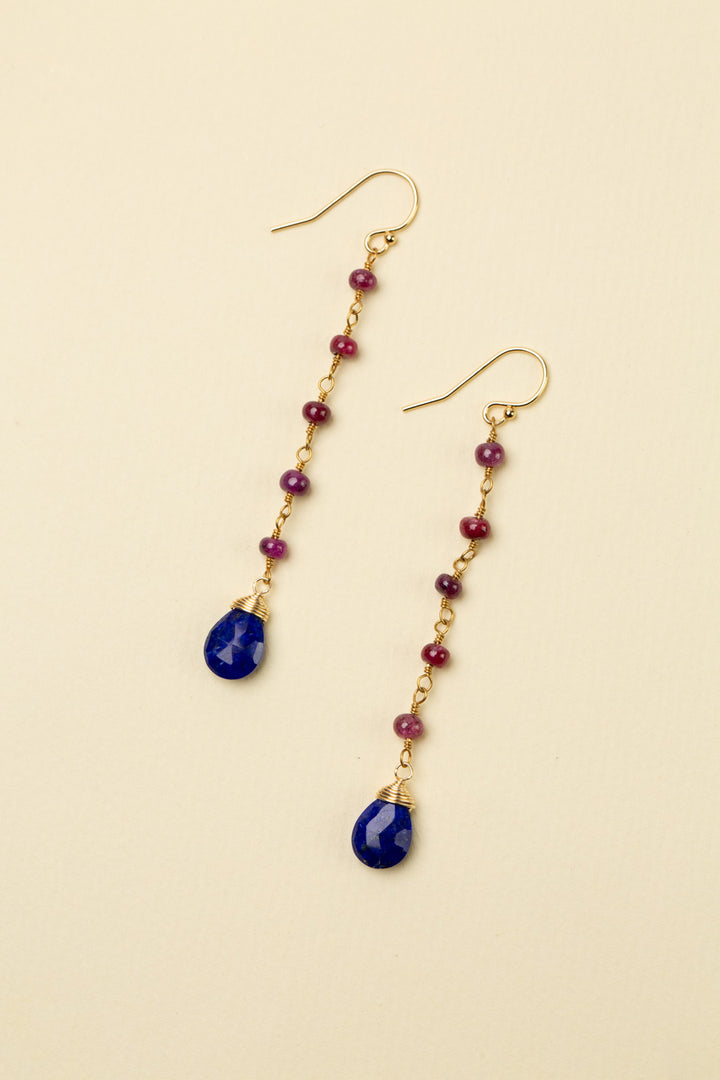 Forget Me Not Ruby With Faceted Wire Wrapped Lapis Teardrop Briolette Dangle Earrings