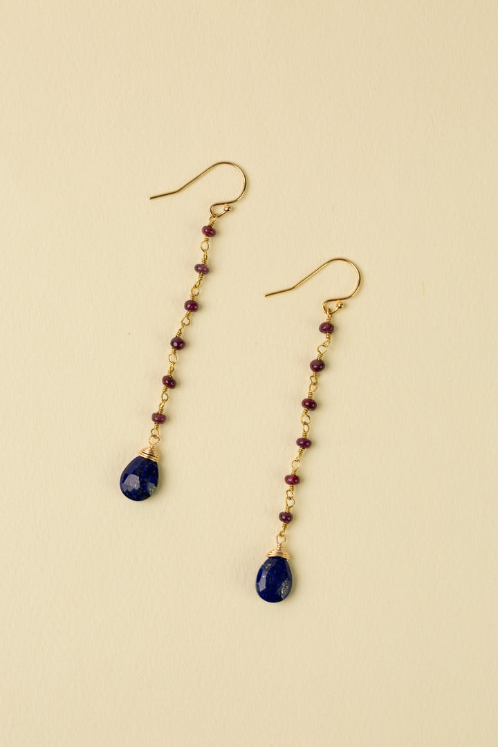 Forget Me Not Ruby With Faceted Wire Wrapped Lapis Teardrop Briolette Dangle Earrings