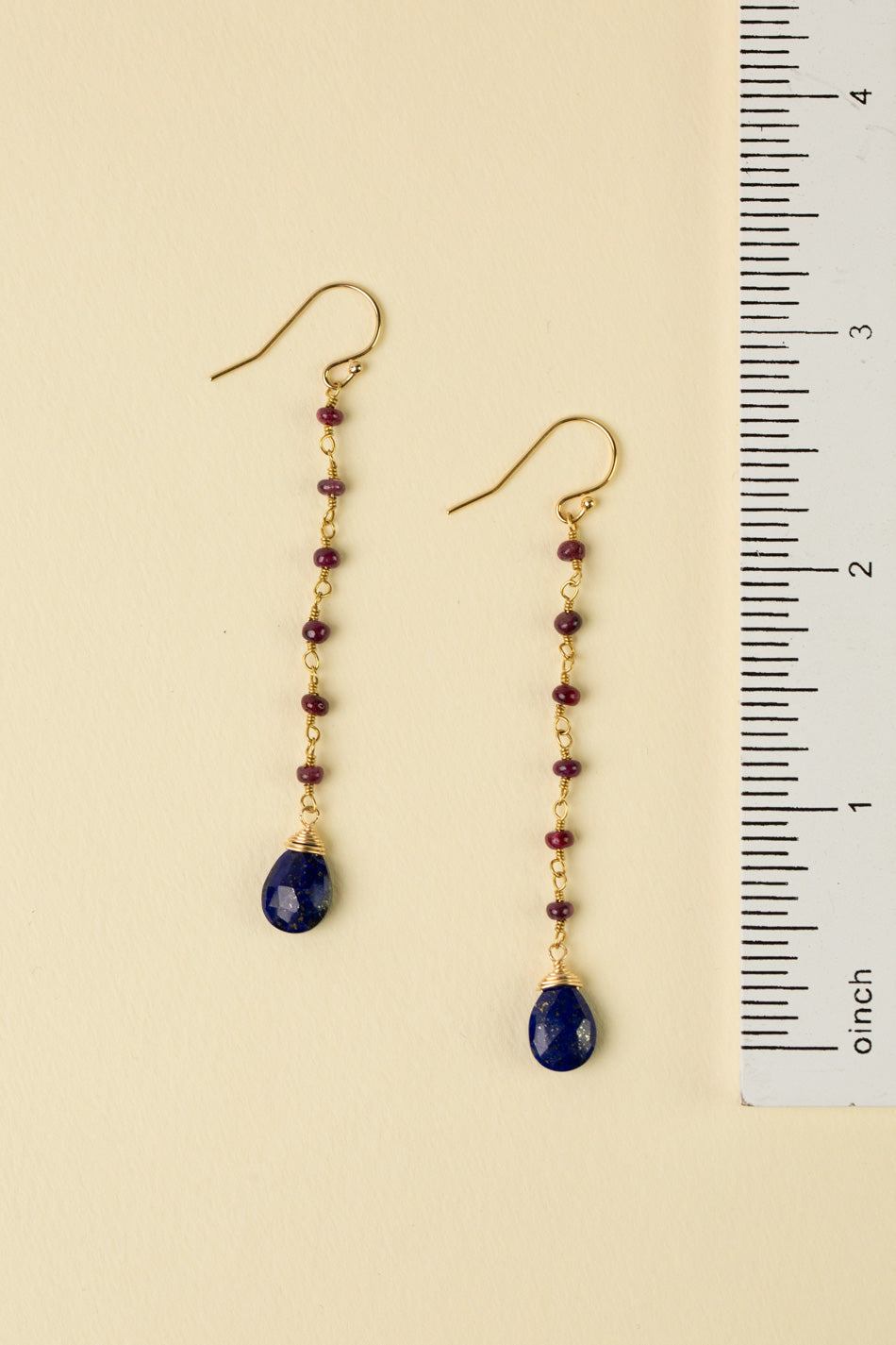 Forget Me Not Ruby With Faceted Wire Wrapped Lapis Teardrop Briolette Dangle Earrings