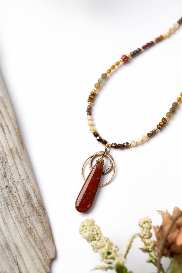 Fireside 17.5-19.5" Pyrite, Czech Glass With Jasper Simple Necklace