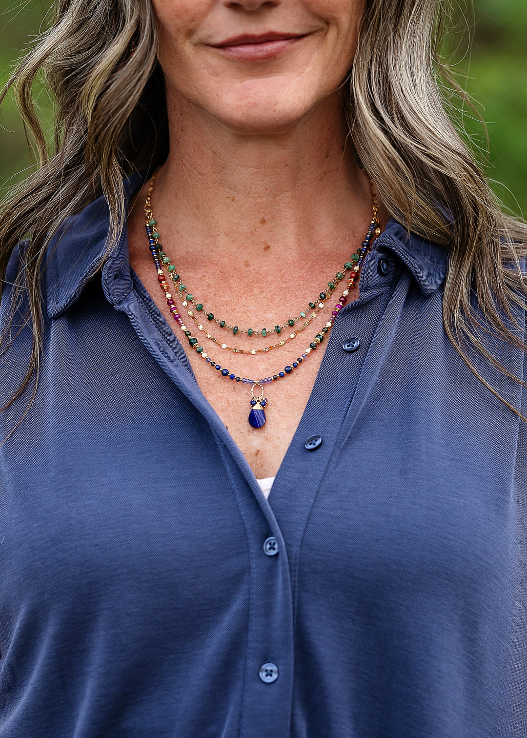 Forget Me Not 19.5-21.5" Emerald, Fuchsia Jade, Red Jasper With Twisted Lapis Lazuli Pendant Multistrand Necklace