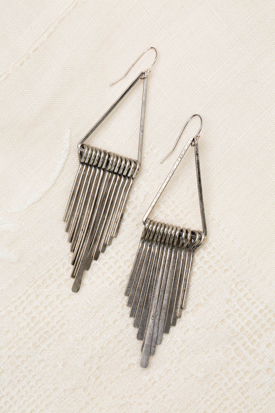 Wisdom Within Antique Silver Plated Brass Triangle With Dangles Statement Earrings