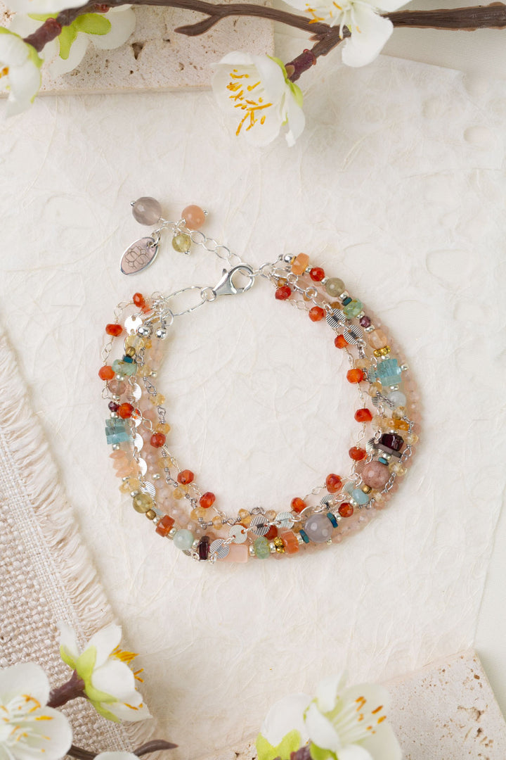 Gentle Breeze 7.5-8.5" Peach Moonstone, Garnet, Carnelian Multistrand Bracelet