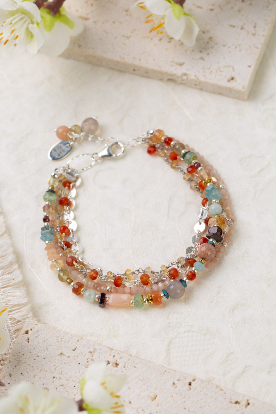 Gentle Breeze 7.5-8.5" Peach Moonstone, Garnet, Carnelian Multistrand Bracelet