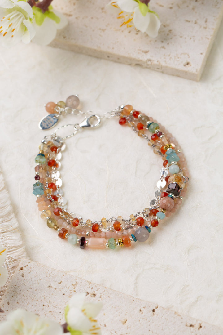 Gentle Breeze 7.5-8.5" Peach Moonstone, Garnet, Carnelian Multistrand Bracelet