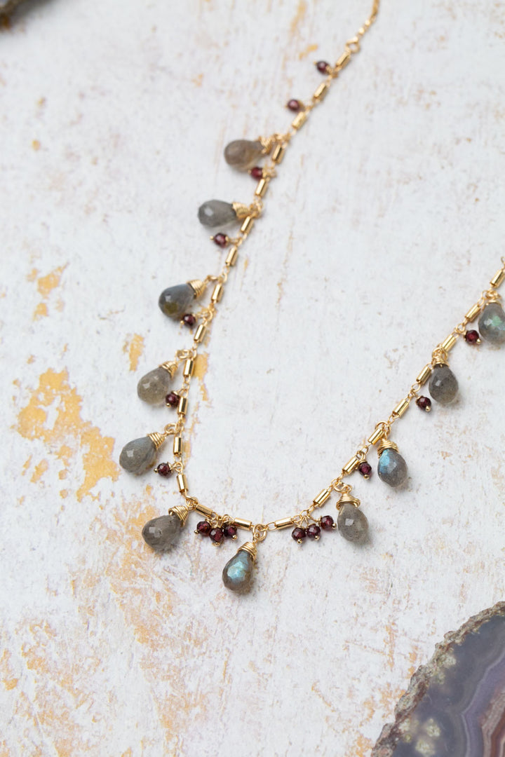 Holly 16.5-18.5" Labradorite Drop Briolette And Garnet Dangles Statement Necklace