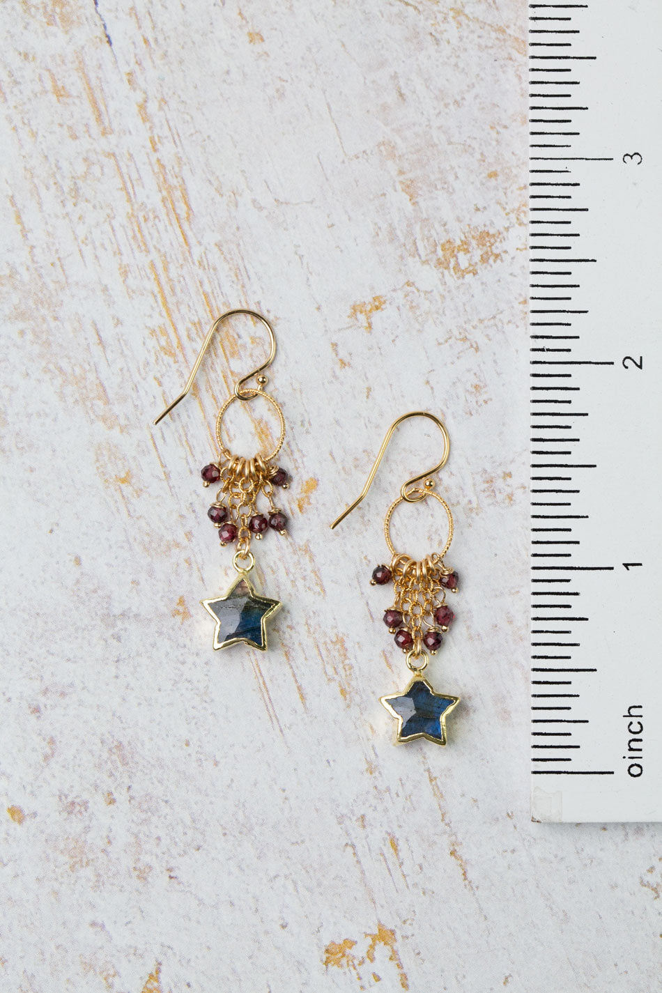 Holly Labradorite Star Bezel With Garnet Dangles Cluster Earrings