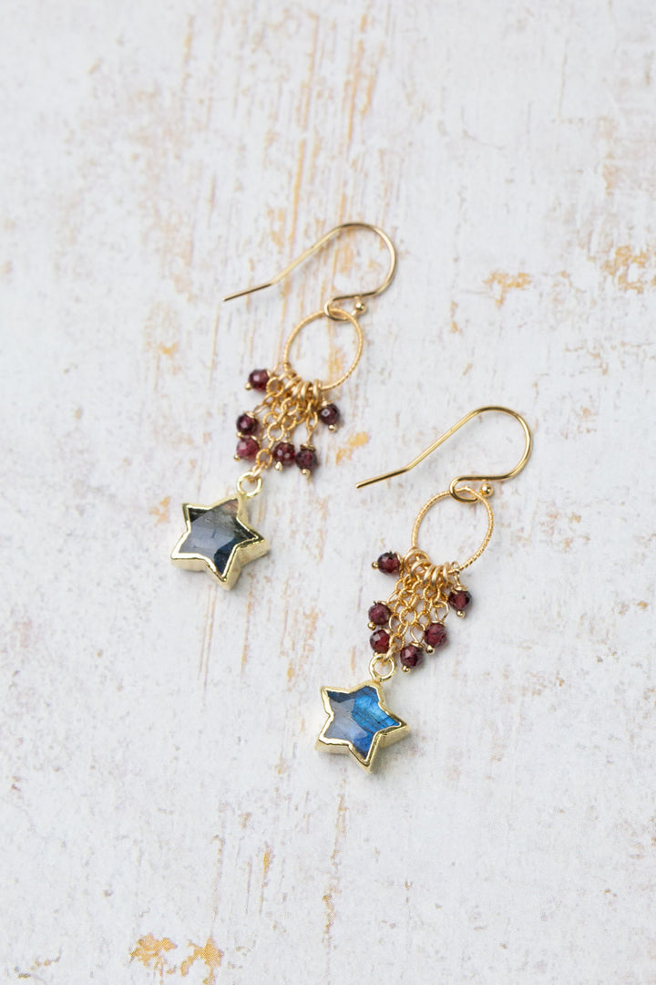 Holly Labradorite Star Bezel With Garnet Dangles Cluster Earrings