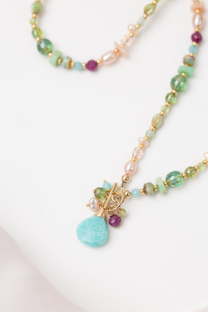 Hope 15" Pearl, Ruby, Czech Glass With Amazonite Collage Necklace