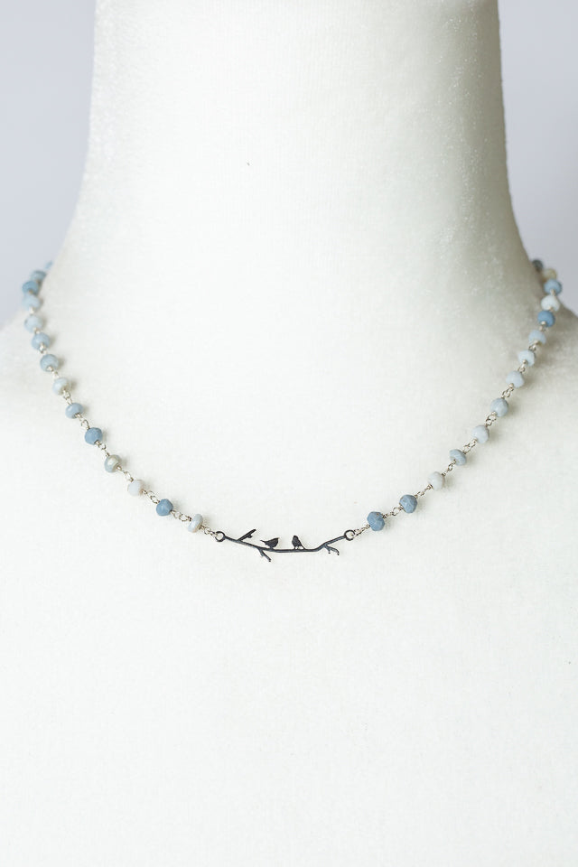 Horizon 15-17" Blue Opal With Sterling Silver Branch & Bird Simple Necklace